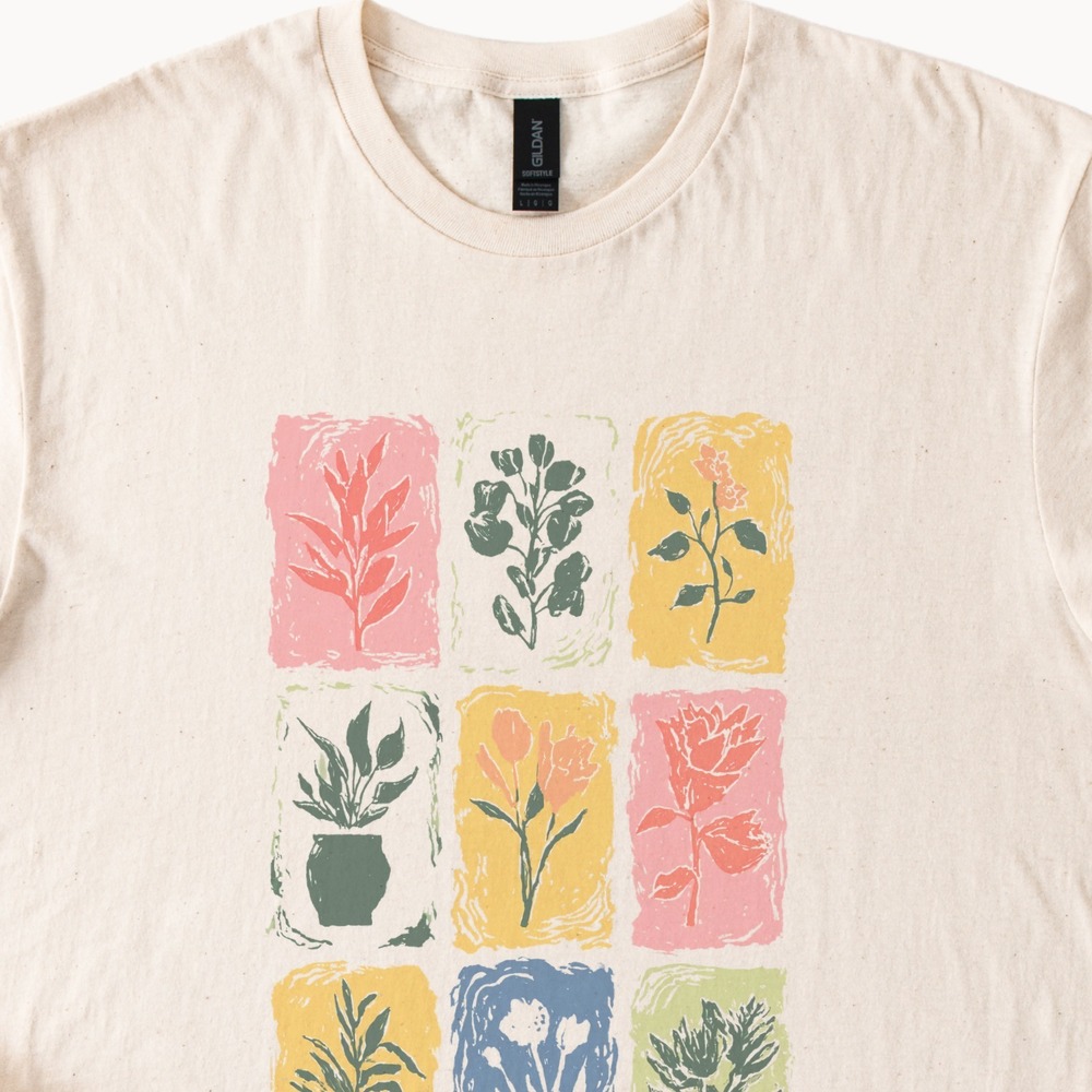 Botanical Grid Graphic Tee Woodcut Art Print Natural